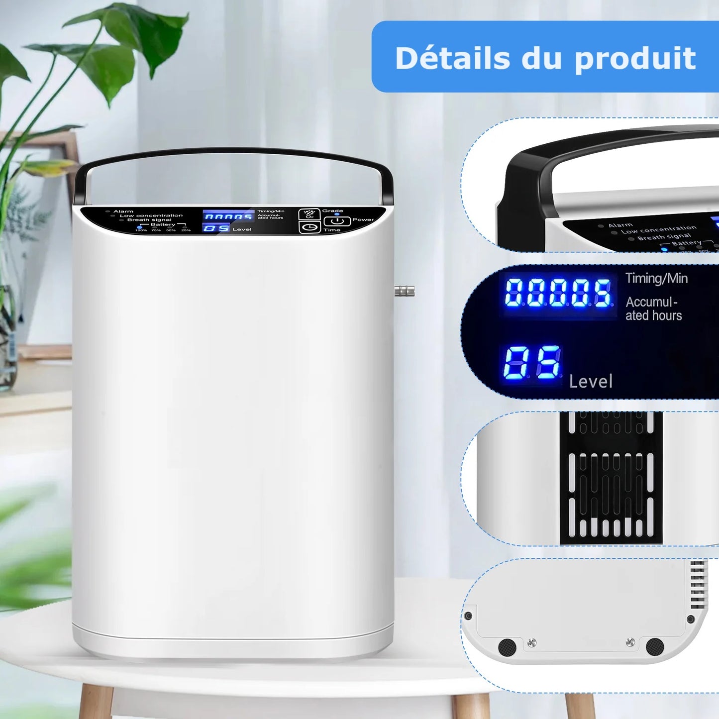 Concentrateur d'Oxygène Portable à Débit Pulsé Réglable jusqu'à 5L/min avec Batterie Intégrée et Sac de Transport